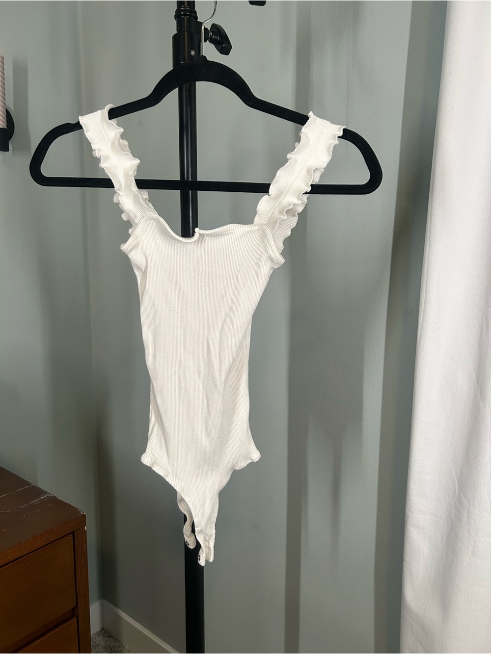 Jolie Cream Ribbed Ruffle Strap Bodysuit